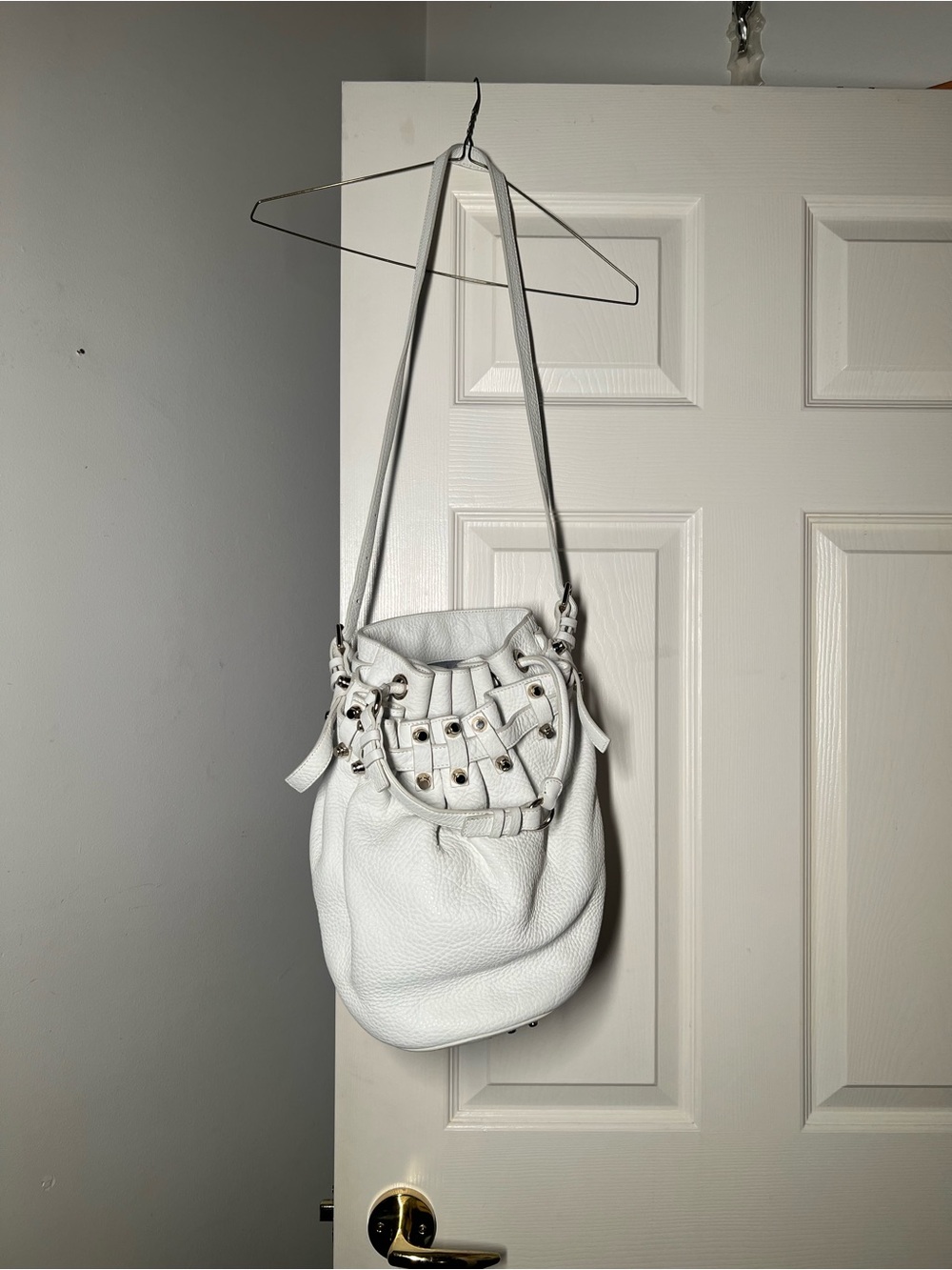 Alexander Wang White Rocco Leather Shoulder Bag with Studded Weave